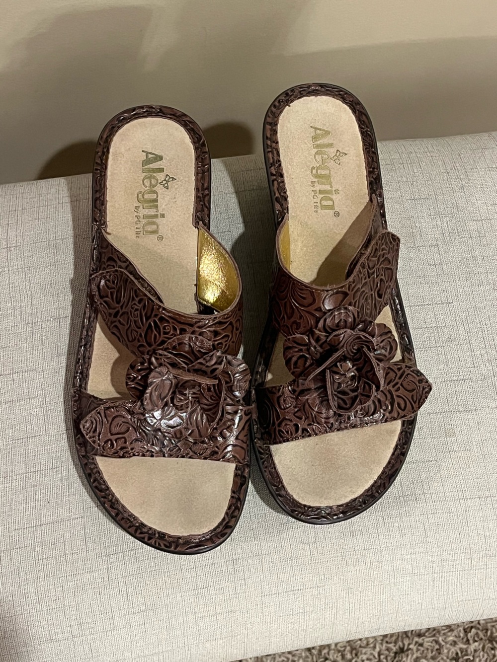 Alegria Brown Floral Laser-Cut Slide Wedge Sandals with Rosette, EU 38
